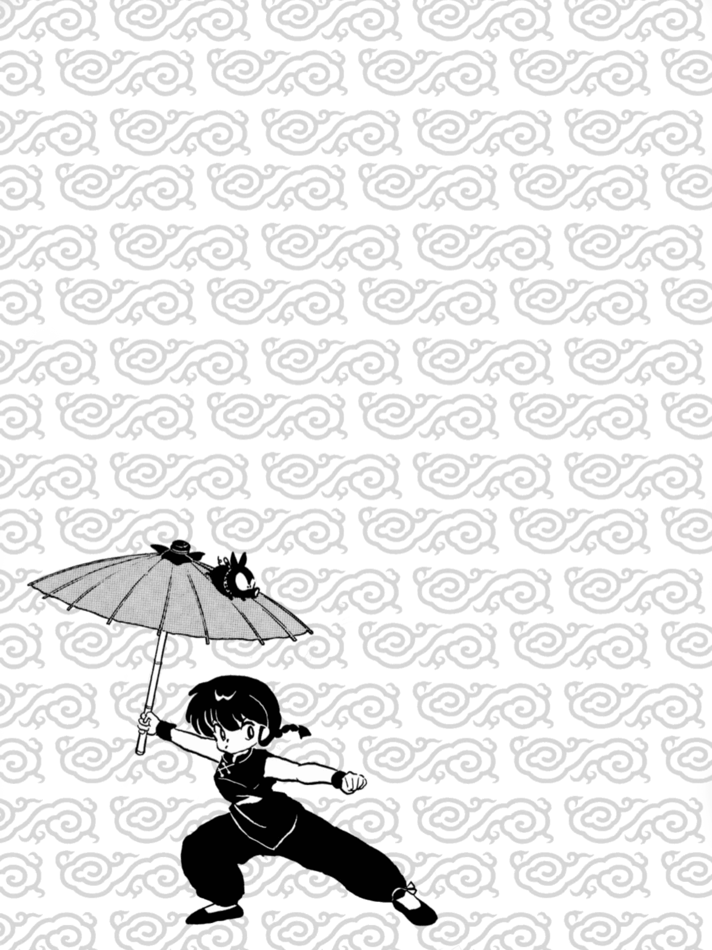 Ranma ½, semi-transparent background for Kindle Paperwhite e-reader wallpaper or screensaver featuring girl and umbrella and more
