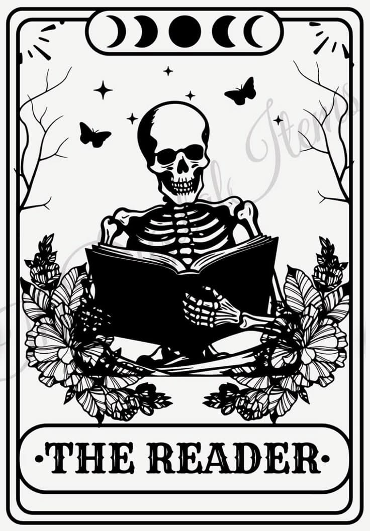 The Reader 2 for Kindle Paperwhite e-reader wallpaper or screensaver featuring skeleton and reading and more