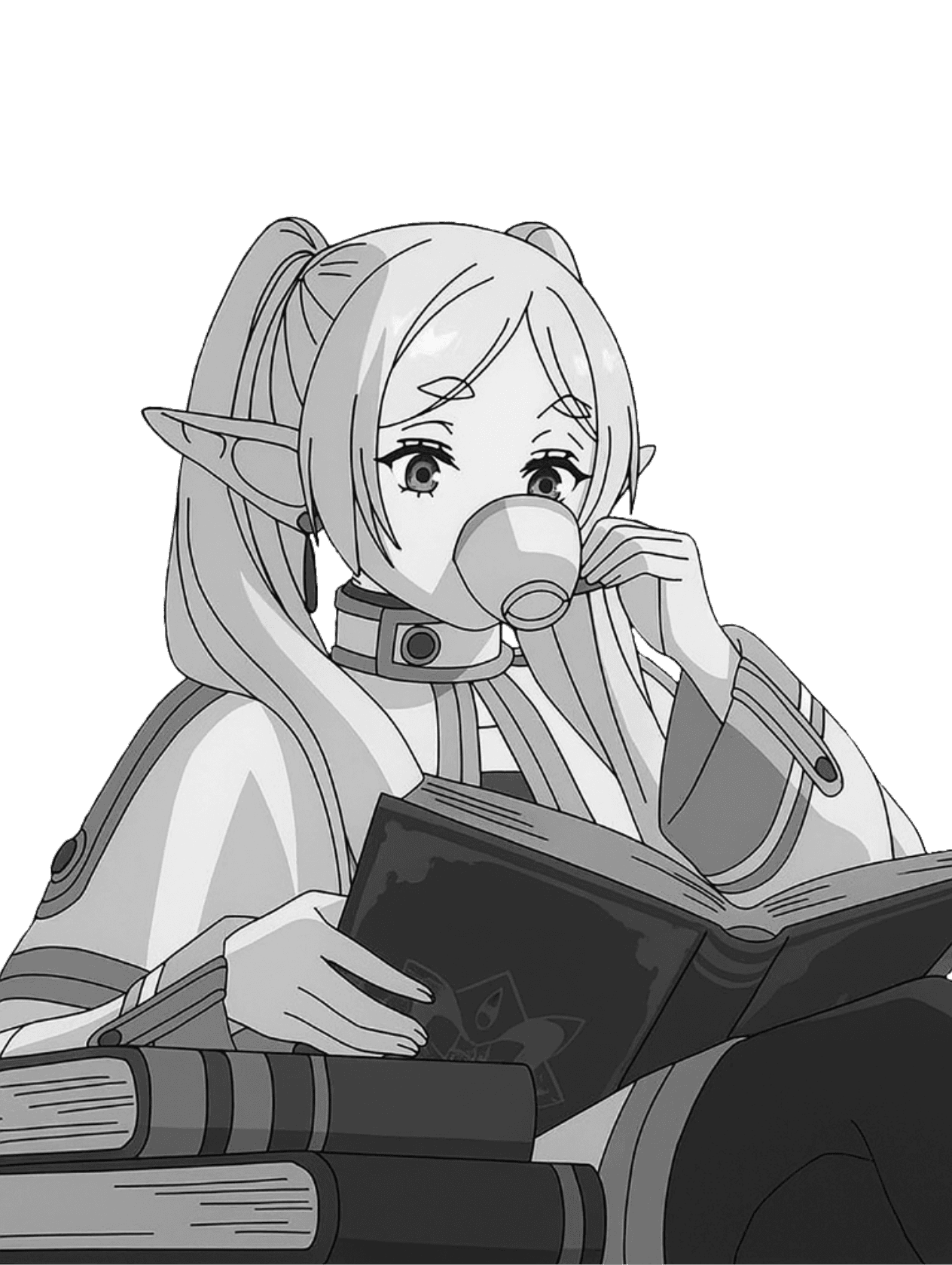 frieren reading for Kindle Paperwhite e-reader wallpaper or screensaver featuring elf and reading and more