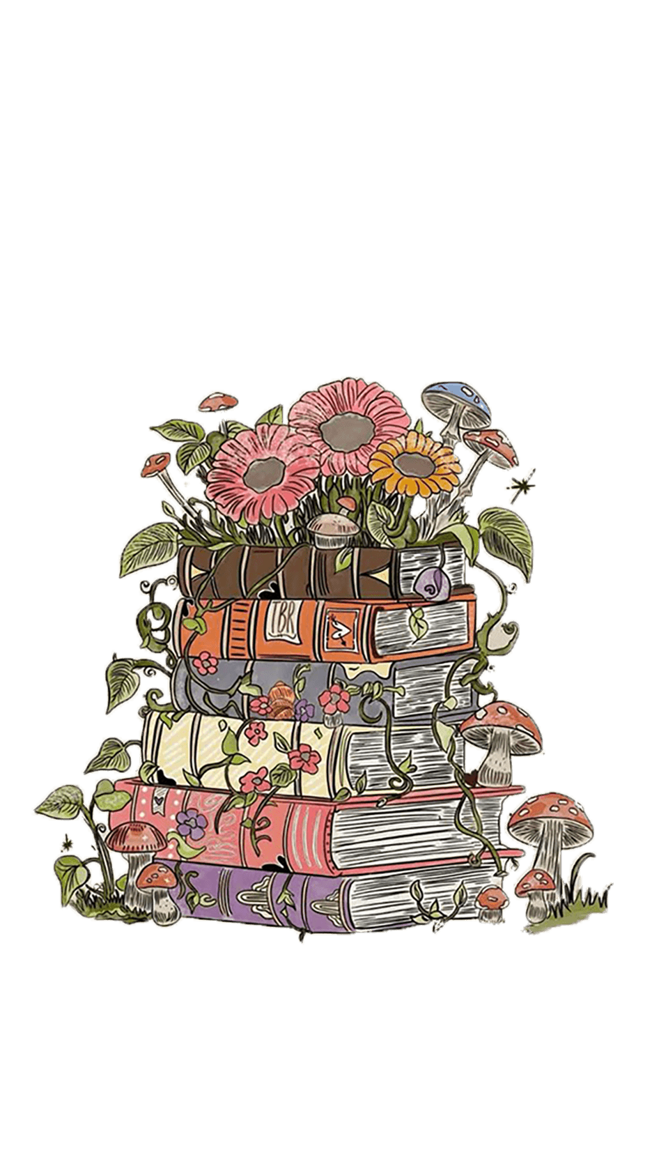 Overgrown Books for e-reader e-reader wallpaper or screensaver featuring books and flowers and more