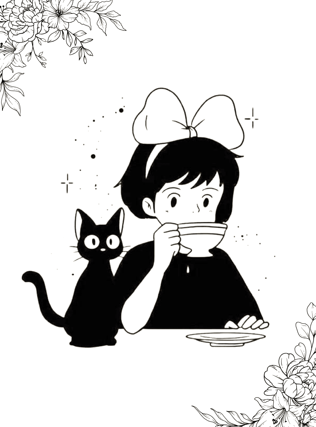 🎀 Kiki's Delivery service & florals 🪻 for Kobo Clara wallpaper featuring girl and cat and more